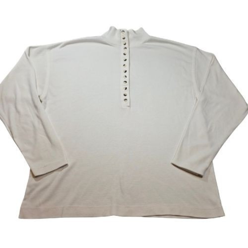 Vintage 80s Mock Neck Button Front Long Sleeve Top Ivory L (16-18)  Preppy‎